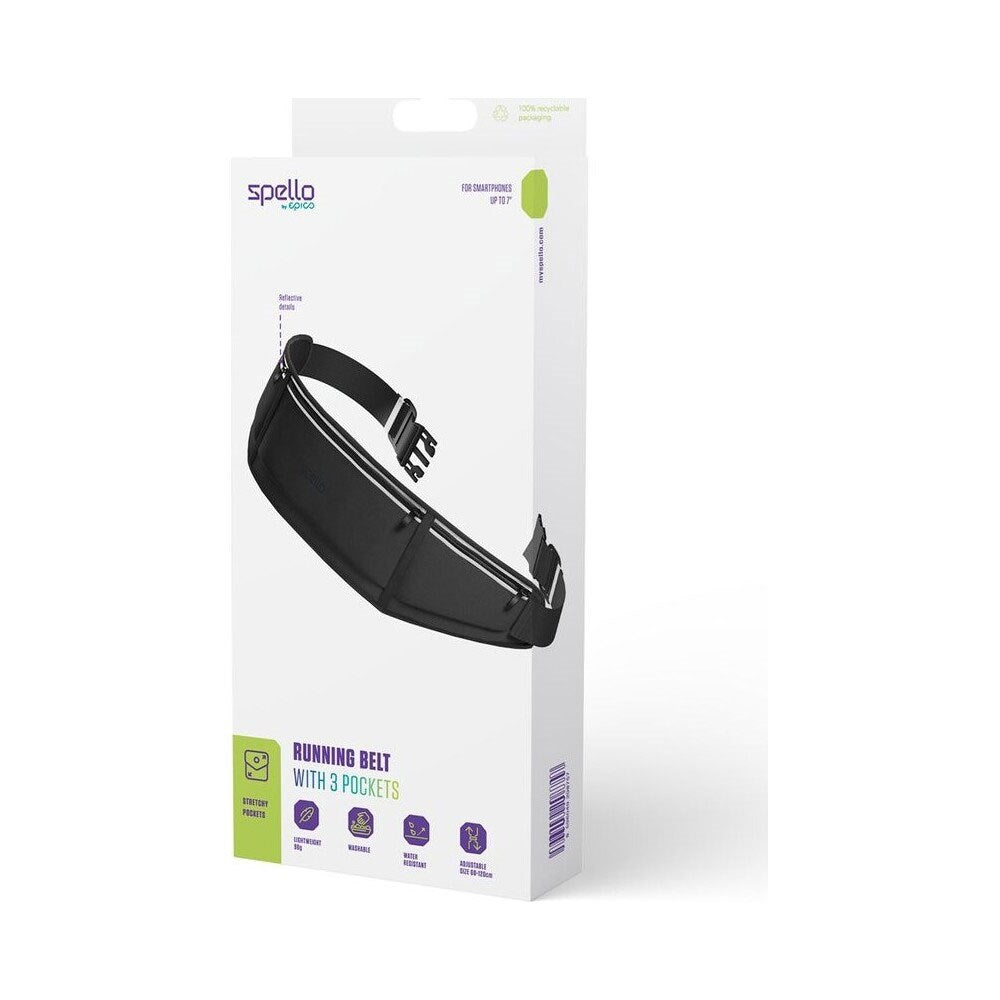 Spello Justerbart Löparbälte med 3 Fickor - Max. 18 cm - Svart