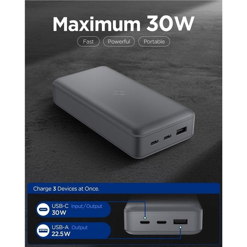 Spigen Essential 30.000mAh Powerbank med 2 x USB-C - 1 x USB-A - 30W - Grå