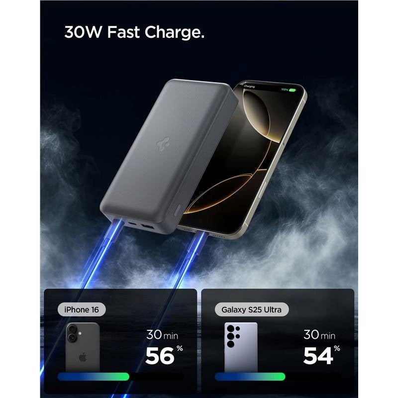 Spigen Essential 30.000mAh Powerbank med 2 x USB-C - 1 x USB-A - 30W - Grå