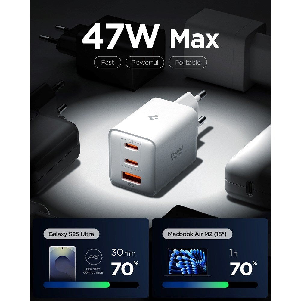 Spigen Essential 47W Väggladdare med 2 x USB-C & 1 x USB-A - Vit