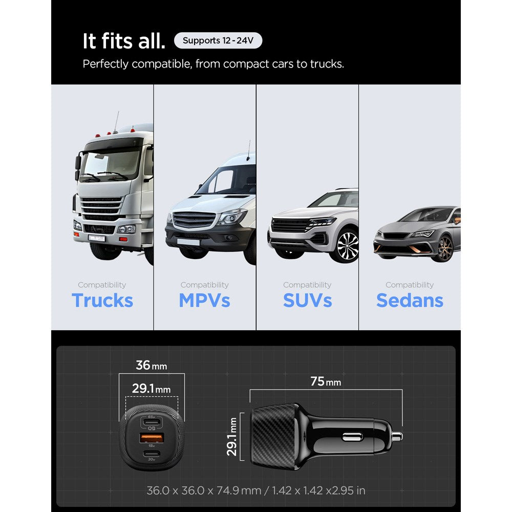 Spigen Essential 113W Bilopladdare m. 2 x USB-C & 1 x USB-A – Svart