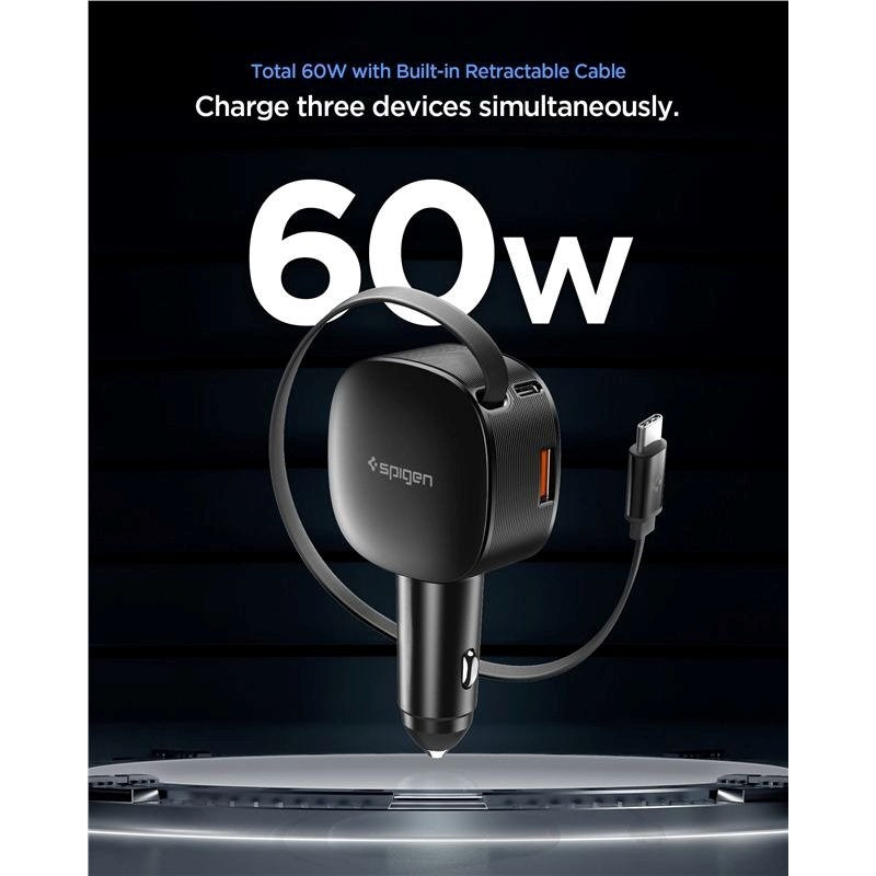 Spigen Essential Billaddare 60W med Inbyggd USB-C Kabel & 1 x USB-C 1 x USB-A - Svart