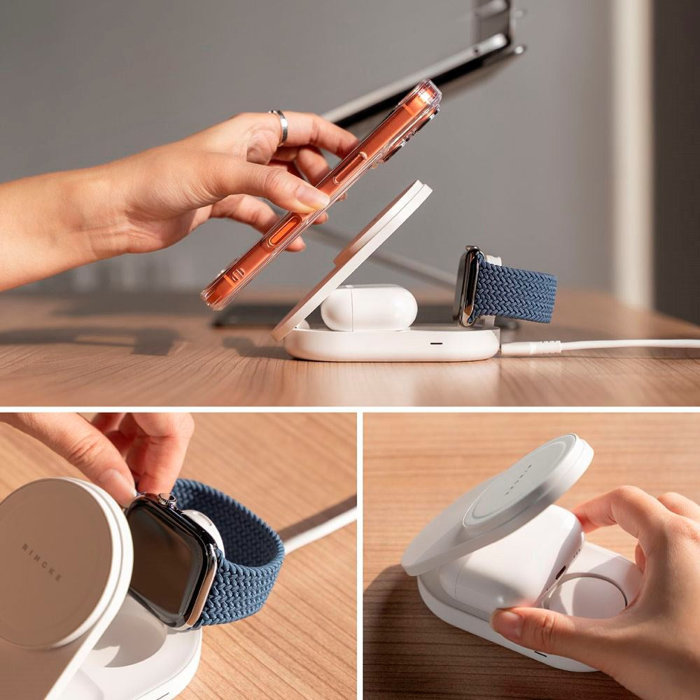 Ringke 3-i-1 Qi2 Hopfällbar Trådlös Laddare – 25W – MagSafe Kompatibel – Vit