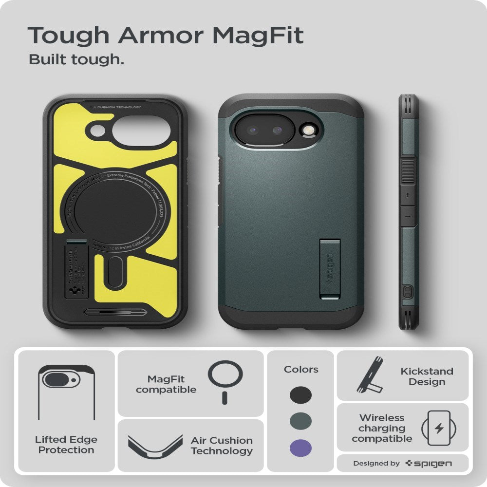 Google Pixel 10a Spigen Tough Armor Hybrid Skal m. Stativfunktion - MagSafe Kompatibel - Grön