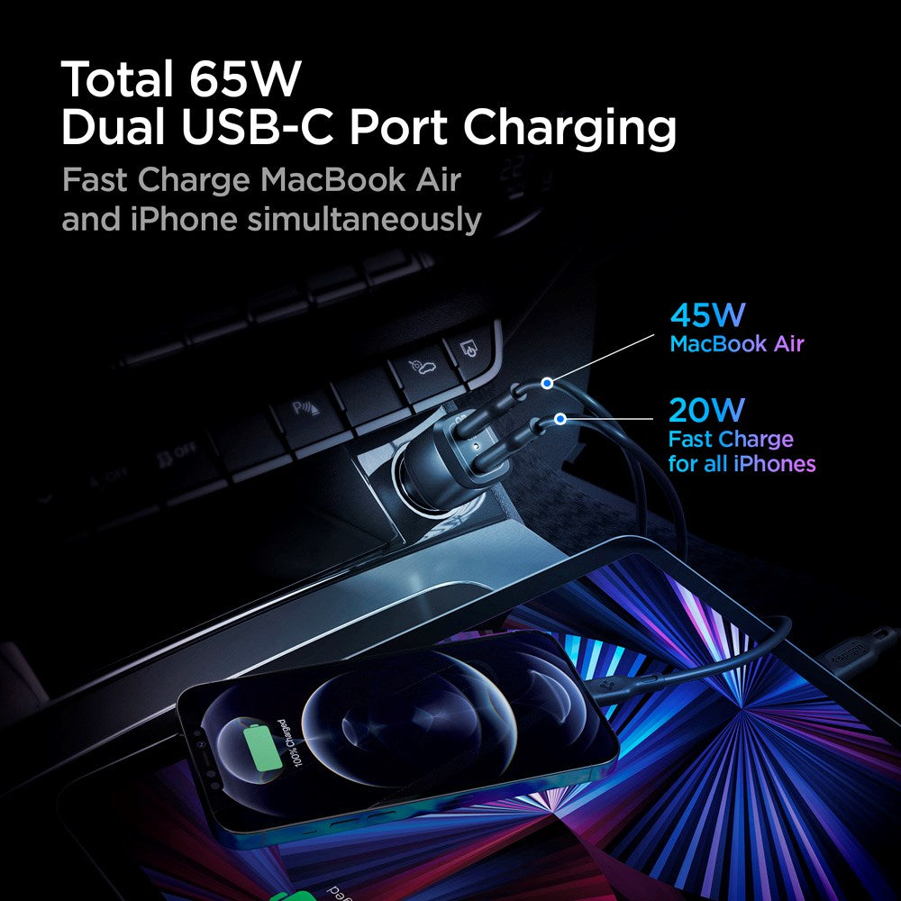 Spigen PowerArc ArcStation Billaddare PD 65W med 2 x USB-C - Svart