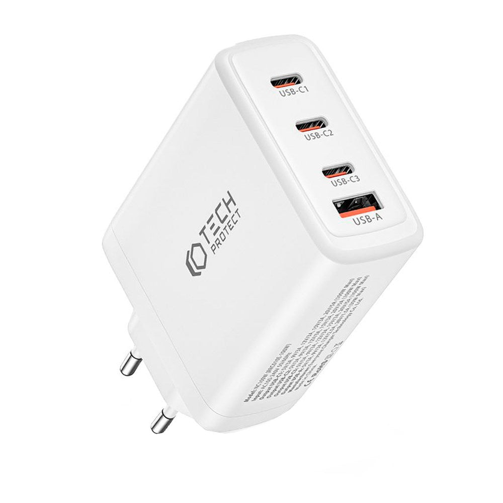 Tech-Protect PD GaN 100W Väggladdare med 3 x USB-C & 1 x USB-A - Vit