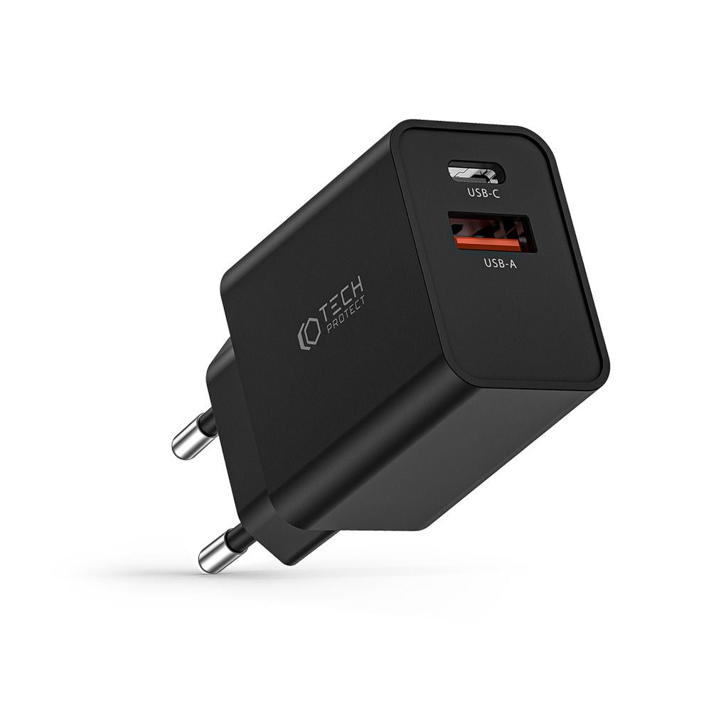 Tech-Protect 30W Väggladdare med 1 x USB-A QC & 1 x USB-C PD - Svart