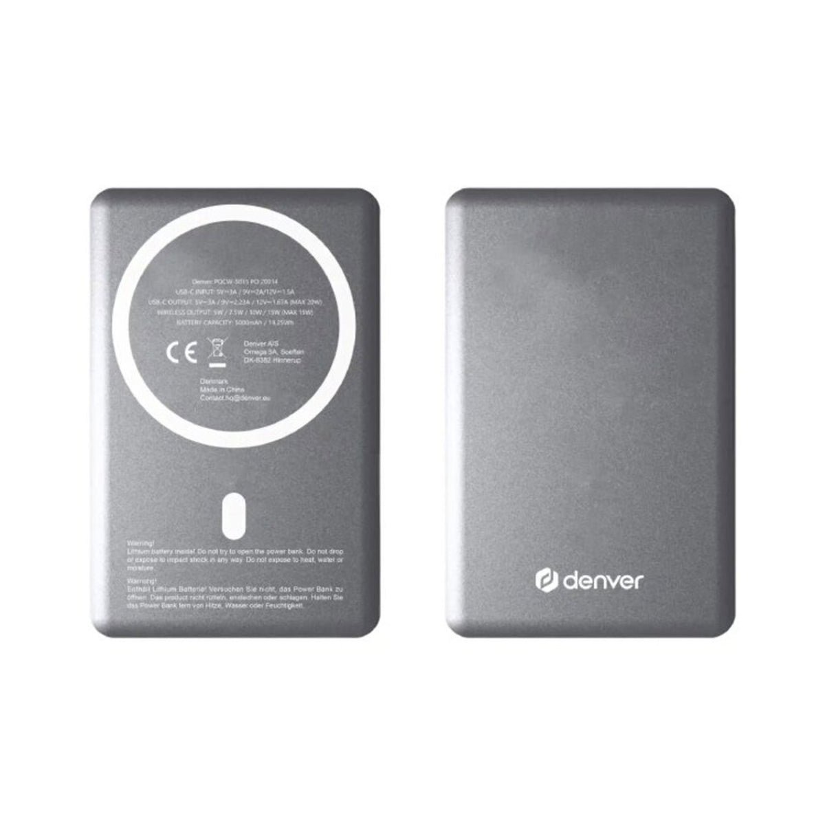 Denver PQCW-10015 Magnetisk Trådlös PowerBank - 15W / 10.000 mAh - MagSafe Kompatibel - Grå