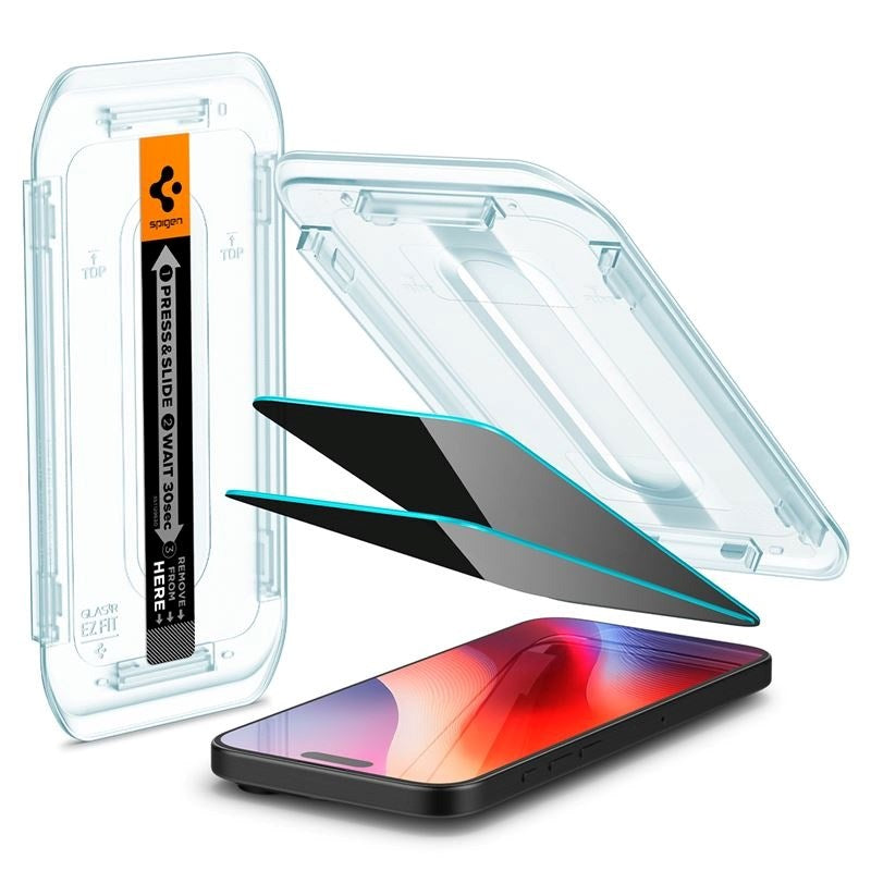 iPhone 17 / 17 Pro / 16 Pro Spigen EZ Fit Glas.tR Skärmskydd 2. Stk - Privacy Filter - Case Friendly - Genomskinlig