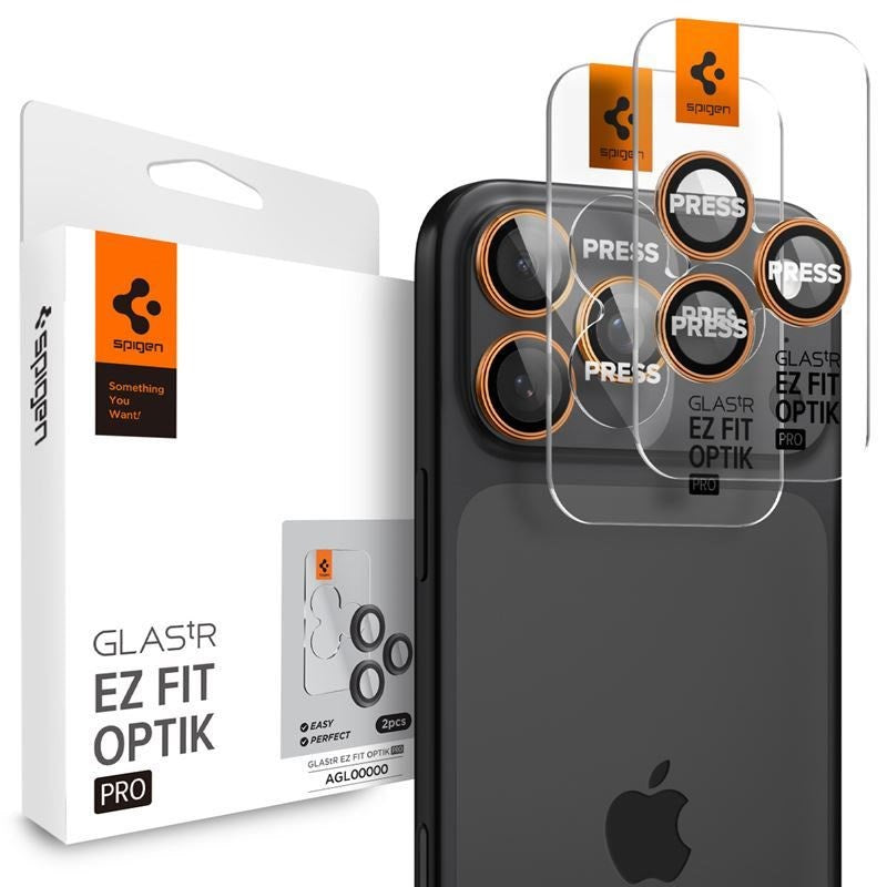 iPhone 17 Pro / 17 Pro Max / 16 Pro / 16 Pro Max / 15 Pro / 15 Pro Max / 14 Pro / 14 Pro Max Spigen Glass tR EZ Fit Optik Pro Kameralinsskyddsglas - 2 st - Orange
