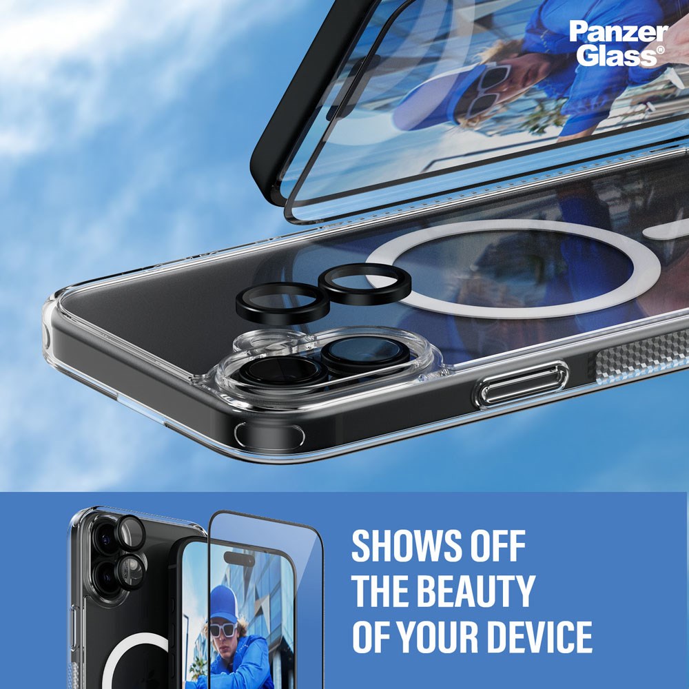 iPhone 16 Plus PanzerGlass 3-i-1 Bundle m. EasyAligner - Skärmskydd (UWF) / Skal / Kameraskydd - Genomskinlig / Svart