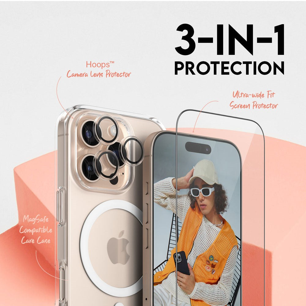 CARE By PanzerGlass iPhone 16 Pro 3-i-1 FLAGSHIP MagSafe Bundle - Skärmskydd (UWF) / Skal / Kameraskydd - Genomskinlig / Vit