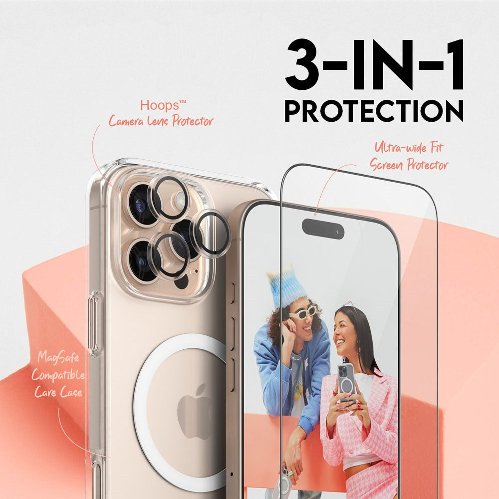 CARE By PanzerGlass iPhone 16 Pro Max 3-i-1 FLAGSHIP MagSafe Bundle - Skärmskydd (UWF) / Skal / Kameraskydd - Genomskinlig / Vit
