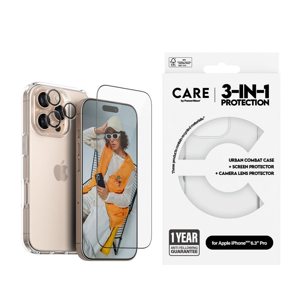 CARE By PanzerGlass iPhone 16 Pro 3-i-1 FLAGSHIP Bundle - Skärmskydd (UWF) / Skal / Kameraskydd - Genomskinlig