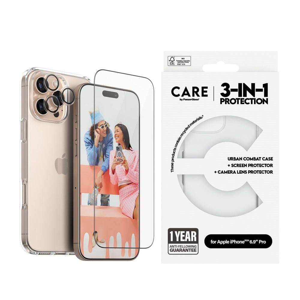 CARE By PanzerGlass iPhone 16 Pro Max 3-i-1 FLAGSHIP Bundle - Skärmskydd (UWF) / Skal / Kameraskydd - Genomskinlig