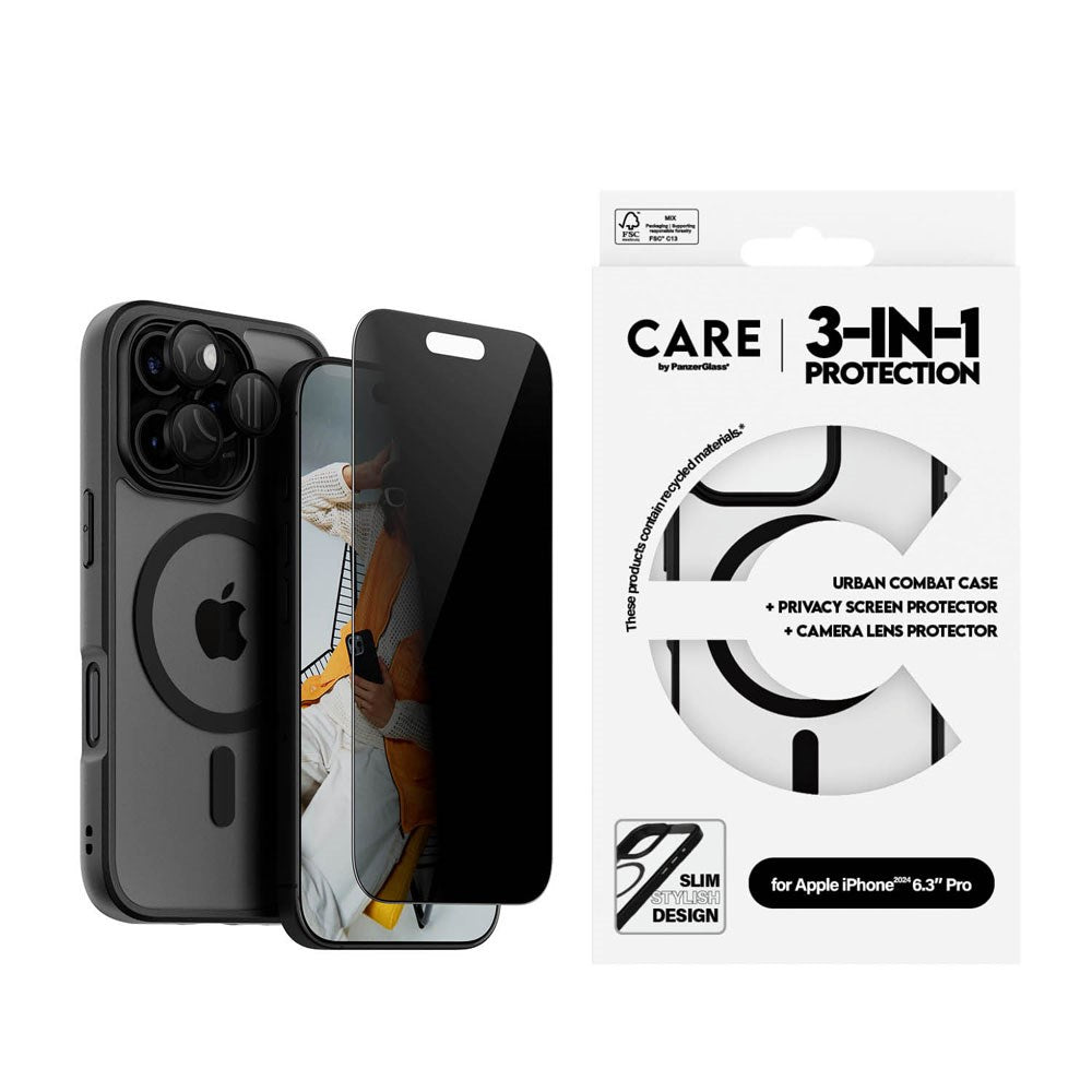 CARE By PanzerGlass iPhone 16 Pro 3-i-1 FLAGSHIP MagSafe Bundle - Privacy Skärmskydd (UWF) / Skal / Kameraskydd - Genomskinlig / Svart