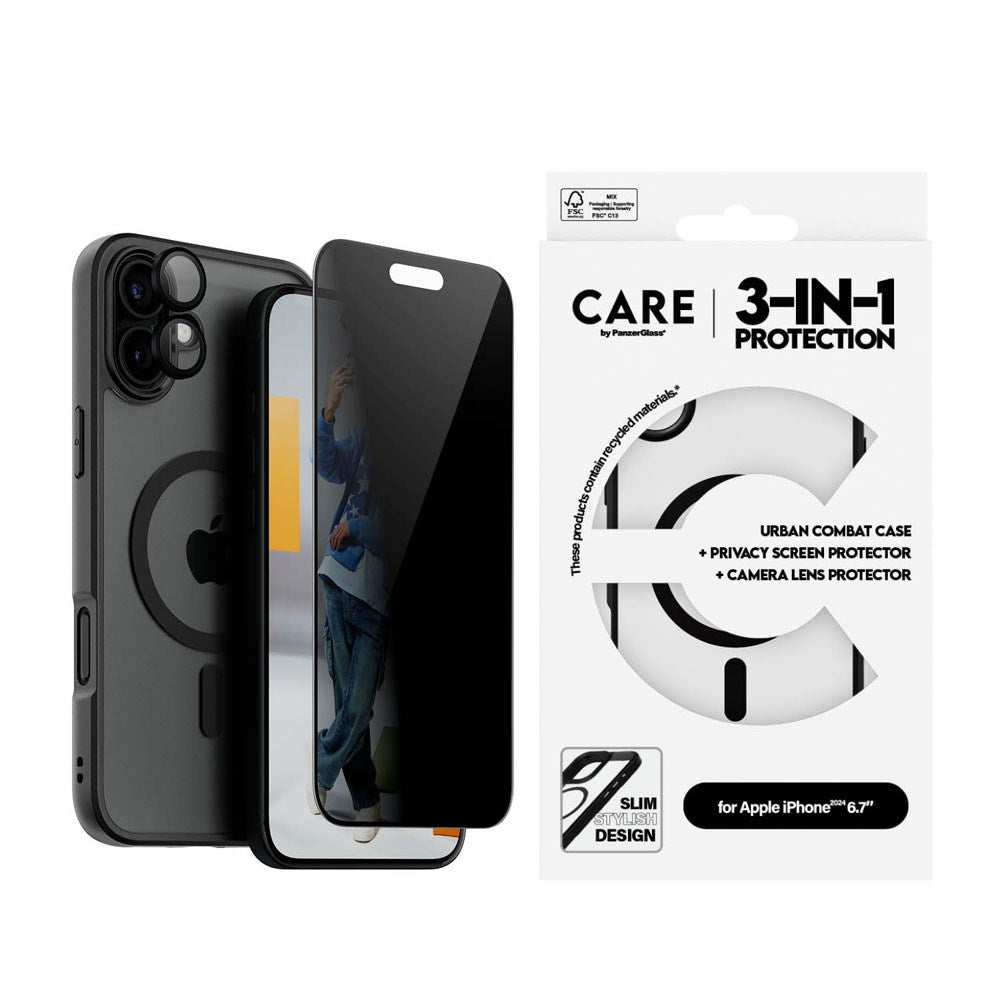 CARE By PanzerGlass iPhone 16 Plus 3-i-1 FLAGSHIP MagSafe Bundle - Privacy Skärmskydd (UWF) / Skal / Kameraskydd - Genomskinlig / Svart
