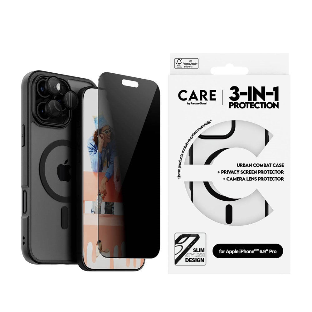 CARE By PanzerGlass iPhone 16 Pro Max 3-i-1 FLAGSHIP MagSafe Bundle - Privacy Skärmskydd (UWF) / Skal / Kameraskydd - Genomskinlig / Svart
