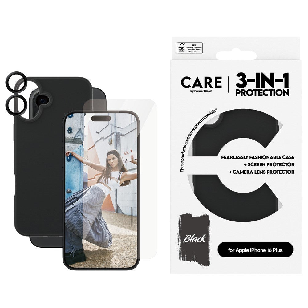 CARE By PanzerGlass iPhone 16 Plus 3-i-1 FASHION Bundle - Skärmskydd (UWF) / Skal / Kameraskydd - Genomskinlig / Svart