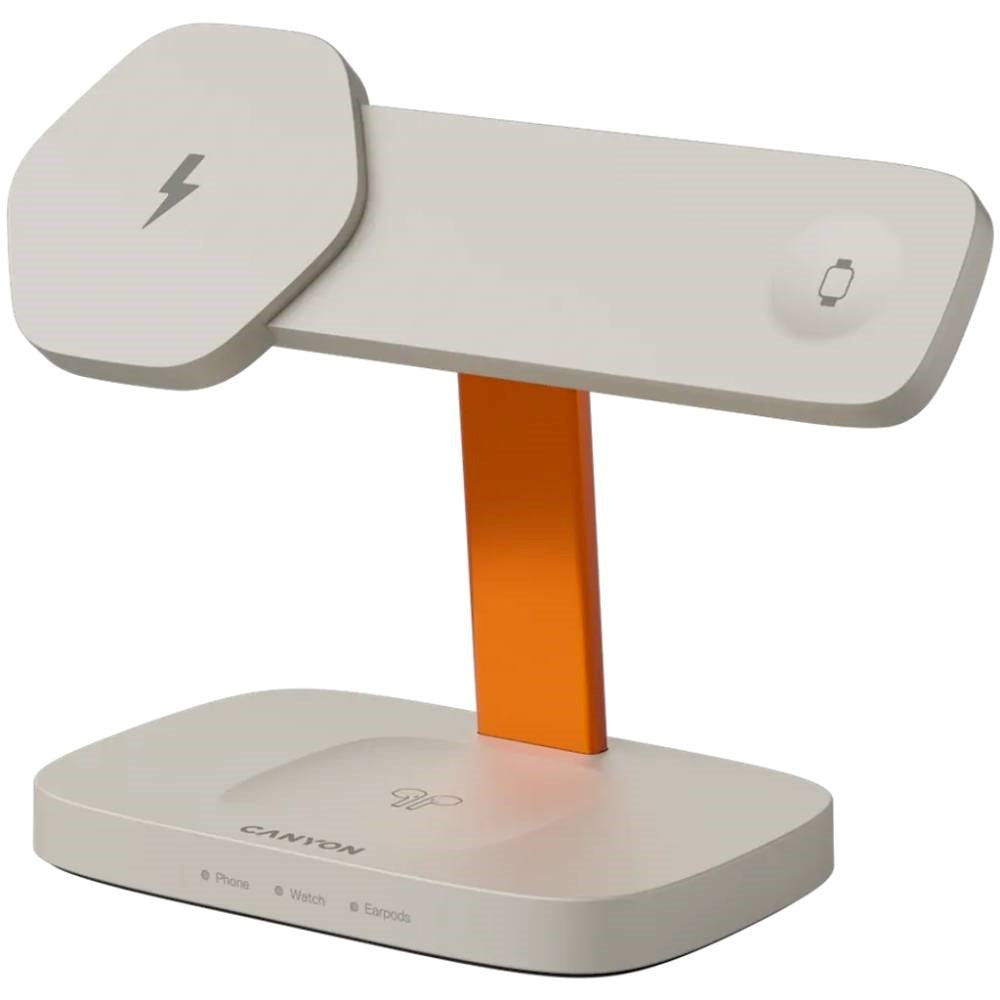Canyon Hexagon 15W 3-i-1 Trådlös Laddare - Qi / MagSafe Kompatibel - Beige / Orange