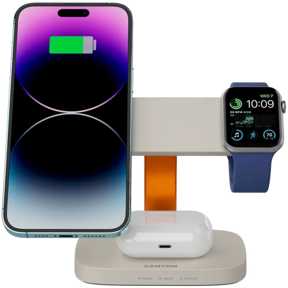 Canyon Hexagon 15W 3-i-1 Trådlös Laddare - Qi / MagSafe Kompatibel - Beige / Orange