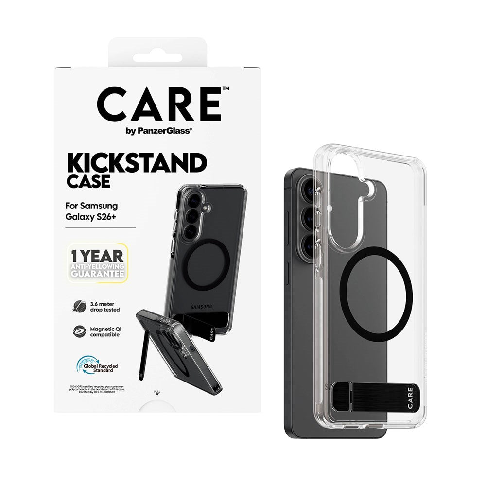 Samsung Galaxy S26+ (Plus) CARE by PanzerGlass Feature Kickstand Skal - Qi Kompatibel - Transparent / Black