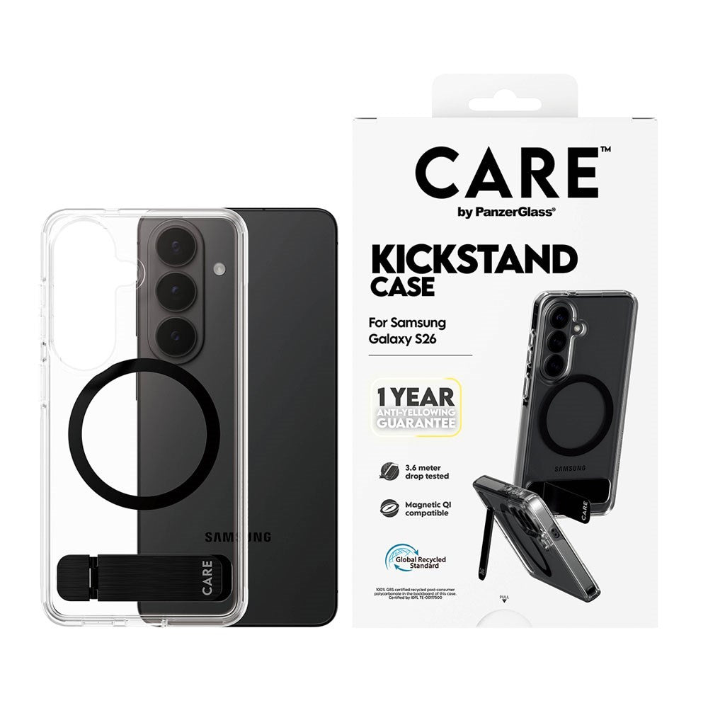 Samsung Galaxy S26 CARE by PanzerGlass Feature Kickstand Skal - Qi Kompatibel - Transparent / Black