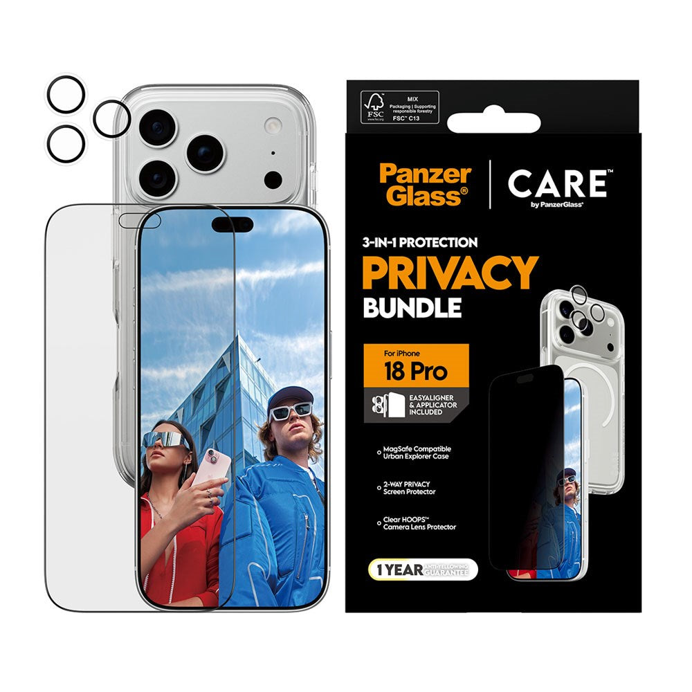 iPhone 18 Pro CARE by PanzerGlass 3-i-1 FLAGSHIP Bundle - Skal / Privacy Skärmskydd (UWF) / Kameraskydd - Genomskinlig / Svart