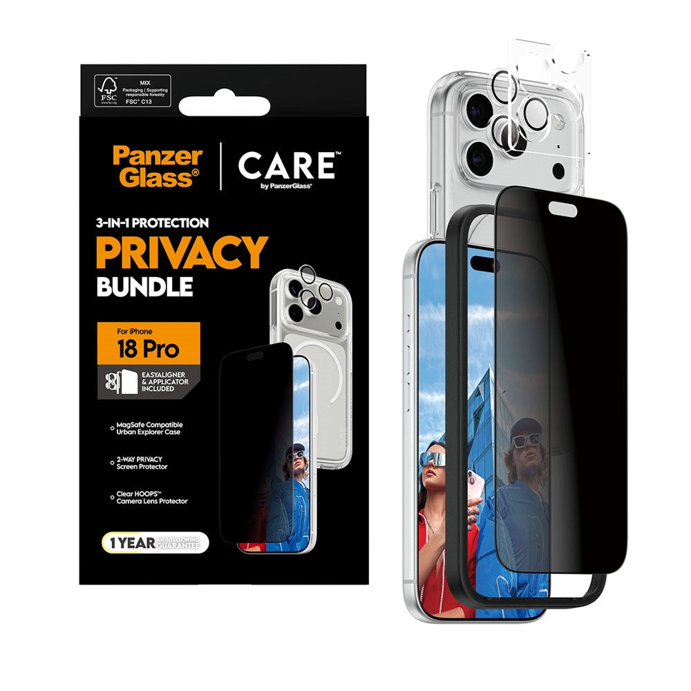 iPhone 18 Pro CARE by PanzerGlass 3-i-1 FLAGSHIP Bundle - Skal / Privacy Skärmskydd (UWF) / Kameraskydd - Genomskinlig / Svart