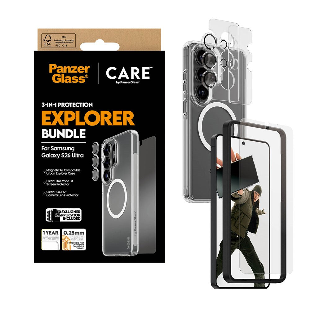 Samsung Galaxy S26 Ultra Urban Combat 3-in-1 Bundle med Skal / Skärmskydd / Kameraskydd - Qi Kompatibel - Genomskinlig