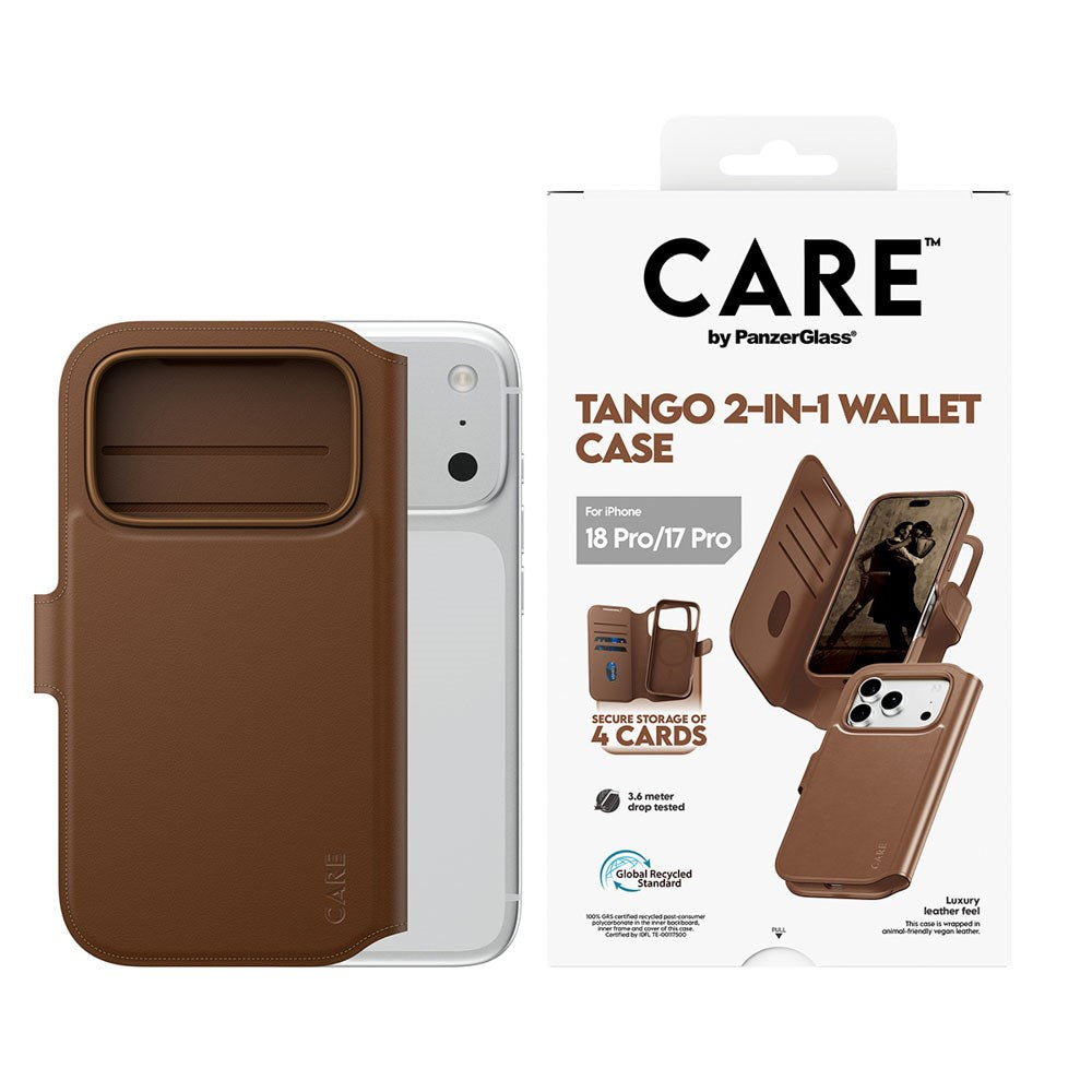 iPhone 18 Pro / 17 Pro CARE by PanzerGlass Feature Tango 2-i-1 Fodral med Plånbok - MagSafe Kompatibel - Brun