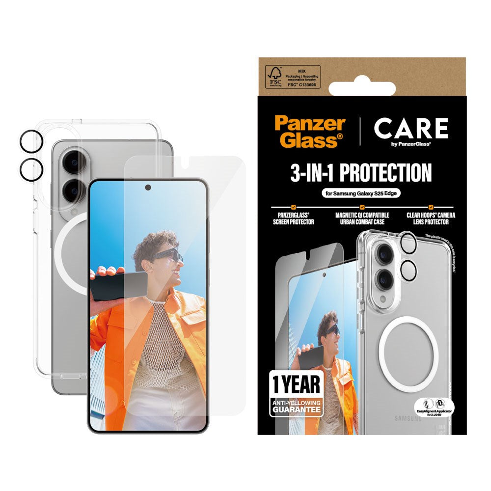 CARE by PanzerGlass Samsung Galaxy S25 Edge 3-i-1 FLAGSHIP Bundle - Skal / Skärmskydd (UWF) / Kameraskydd - Genomskinlig / Vit