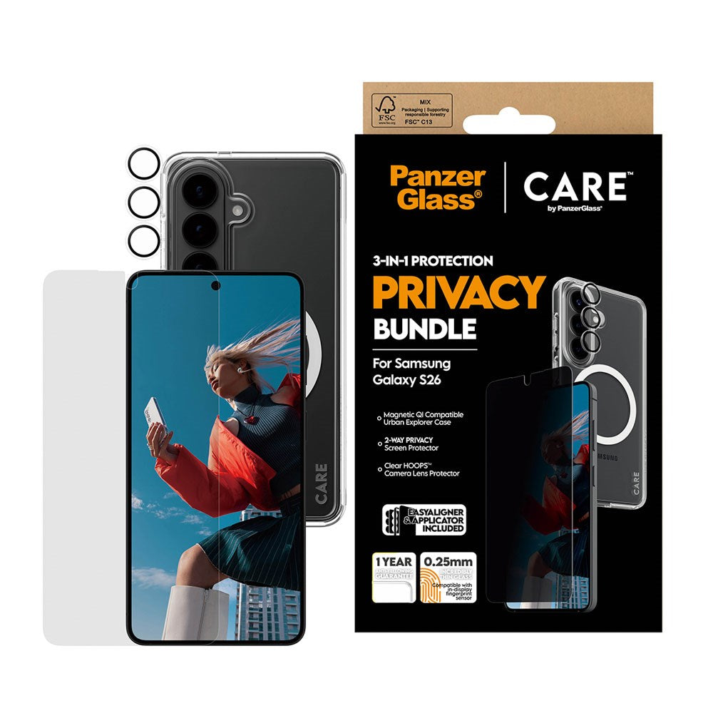 Samsung Galaxy S26 Urban Combat 3-in-1 Privacy Bundle med Skal / Skärmskydd (Privacy) / Kameraskydd - Qi Kompatibel - Genomskinlig