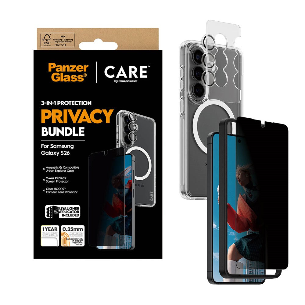 Samsung Galaxy S26 Urban Combat 3-in-1 Privacy Bundle med Skal / Skärmskydd (Privacy) / Kameraskydd - Qi Kompatibel - Genomskinlig