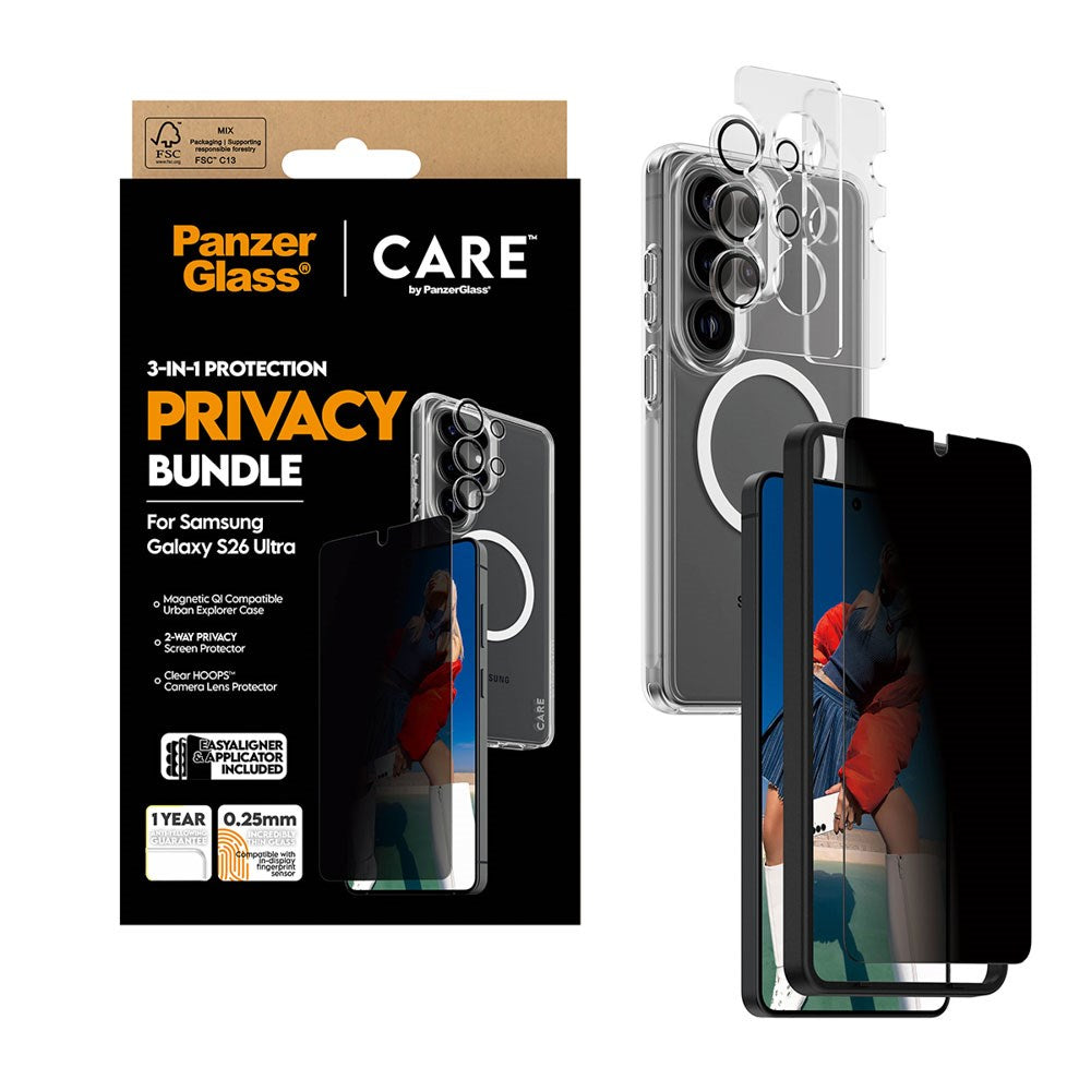Samsung Galaxy S26 Ultra Urban Combat 3-in-1 Privacy Bundle med Skal / Skärmskydd (Privacy) / Kameraskydd - Qi Kompatibel - Genomskinlig