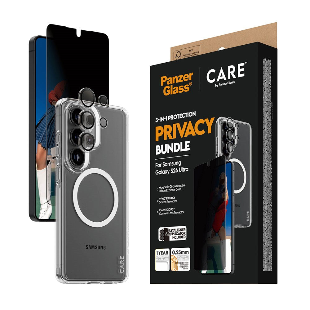Samsung Galaxy S26 Ultra Urban Combat 3-in-1 Privacy Bundle med Skal / Skärmskydd (Privacy) / Kameraskydd - Qi Kompatibel - Genomskinlig