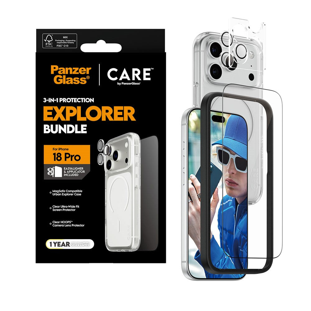 iPhone 18 Pro CARE By PanzerGlass 3-i-1 FLAGSHIP Bundle - Skärmskydd (UWF) / Skal / Kameraskydd - Genomskinlig