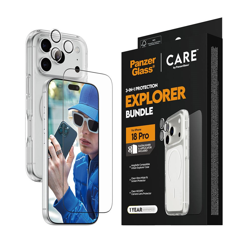 iPhone 18 Pro CARE By PanzerGlass 3-i-1 FLAGSHIP Bundle - Skärmskydd (UWF) / Skal / Kameraskydd - Genomskinlig