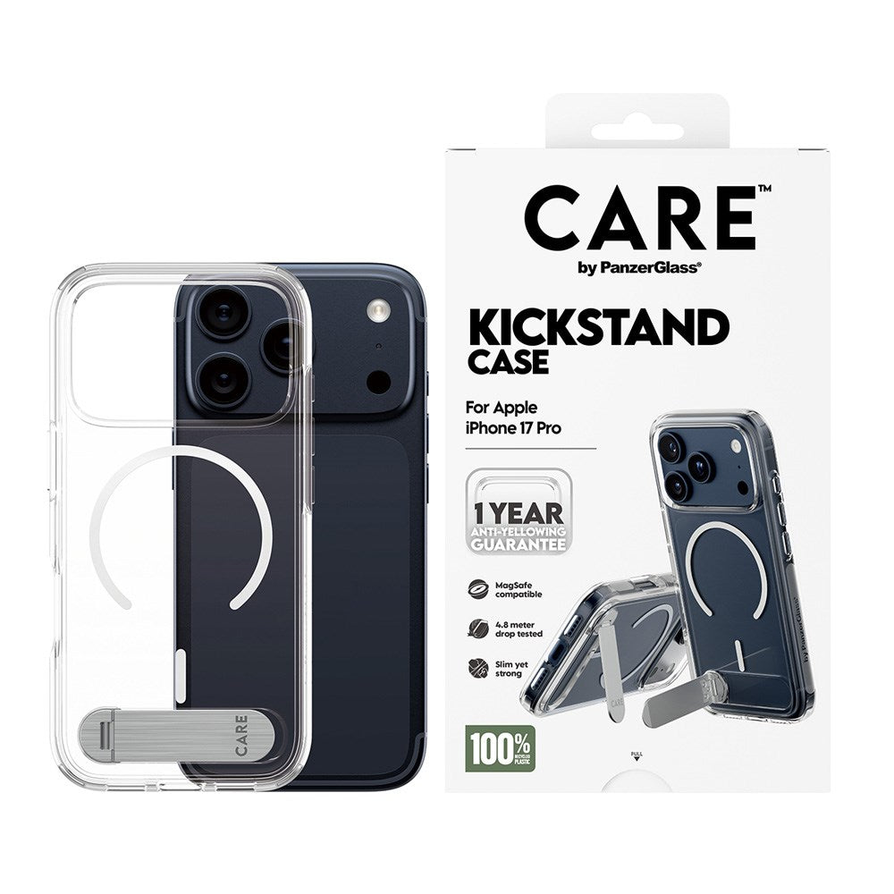 CARE by PanzerGlass iPhone 17 Pro Feature Kickstand Skal - MagSafe Kompatibel - Transparent / Silver