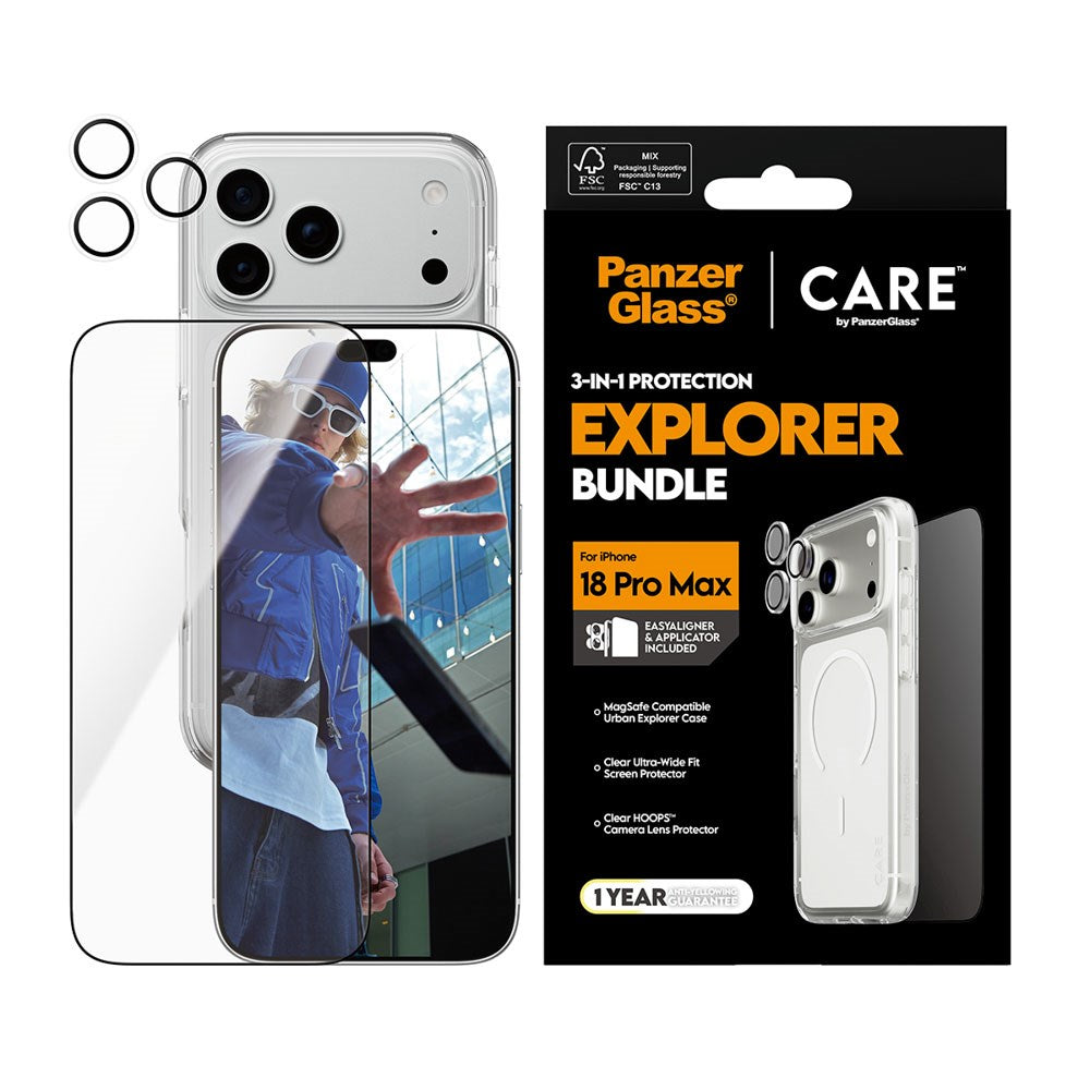 iPhone 18 Pro Max CARE By PanzerGlass 3-i-1 FLAGSHIP Bundle - Skärmskydd (UWF) / Skal / Kameraskydd - Genomskinlig