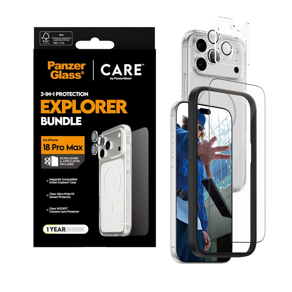 iPhone 18 Pro Max CARE By PanzerGlass 3-i-1 FLAGSHIP Bundle - Skärmskydd (UWF) / Skal / Kameraskydd - Genomskinlig