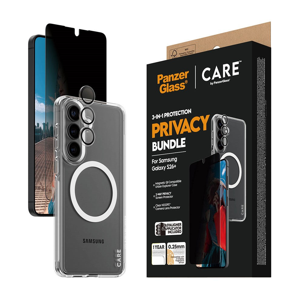 Samsung Galaxy S26+ (Plus) Urban Combat 3-in-1 Privacy Bundle med Skal / Skärmskydd (Privacy) / Kameraskydd - Qi Kompatibel - Genomskinlig