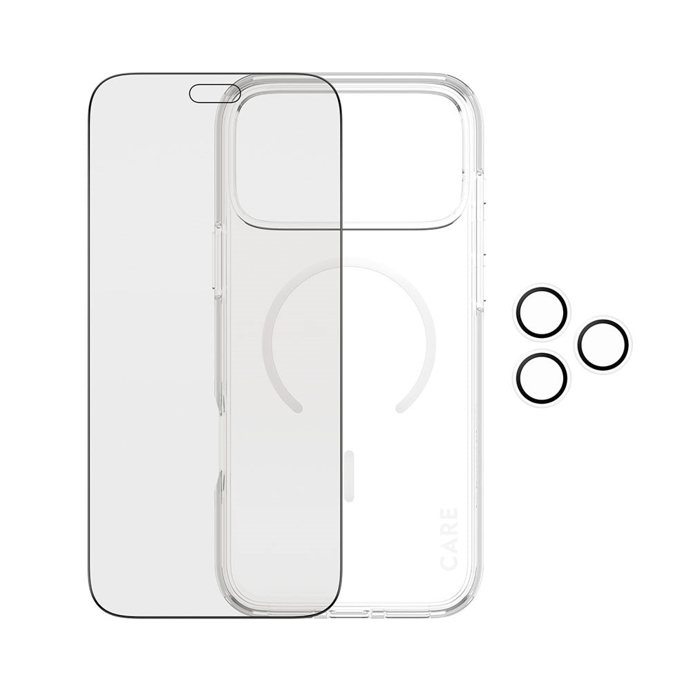 iPhone 18 Pro Max CARE by PanzerGlass 3-i-1 FLAGSHIP Bundle - Skal / Privacy Skärmskydd (UWF) / Kameraskydd - Genomskinlig / Svart