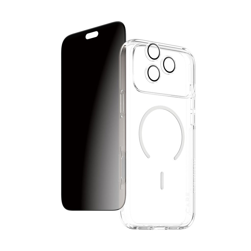 iPhone 18 Pro Max CARE by PanzerGlass 3-i-1 FLAGSHIP Bundle - Skal / Privacy Skärmskydd (UWF) / Kameraskydd - Genomskinlig / Svart