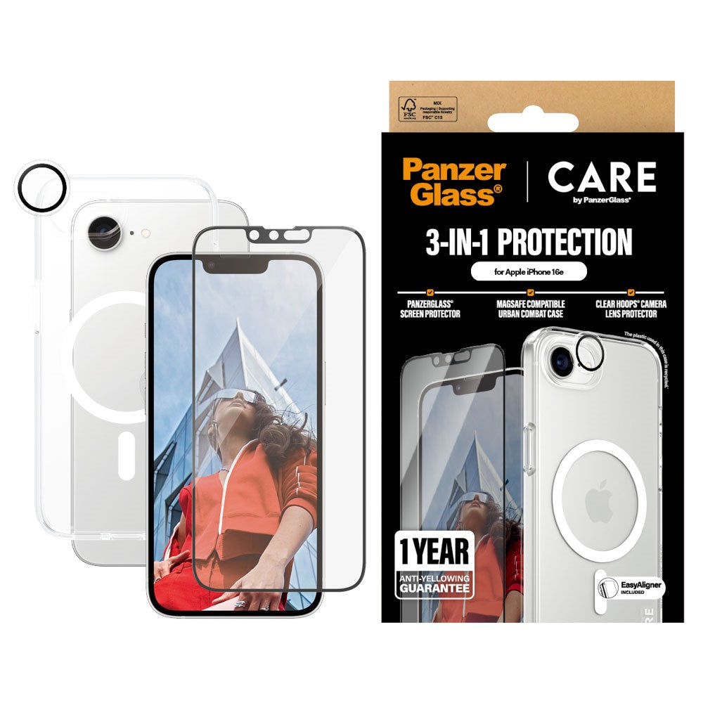 CARE By PanzerGlass iPhone 17e / 16e 3-i-1 FLAGSHIP MagSafe Bundle - Skärmskydd (UWF) / Skal / Kameraskydd - Genomskinlig / Vit