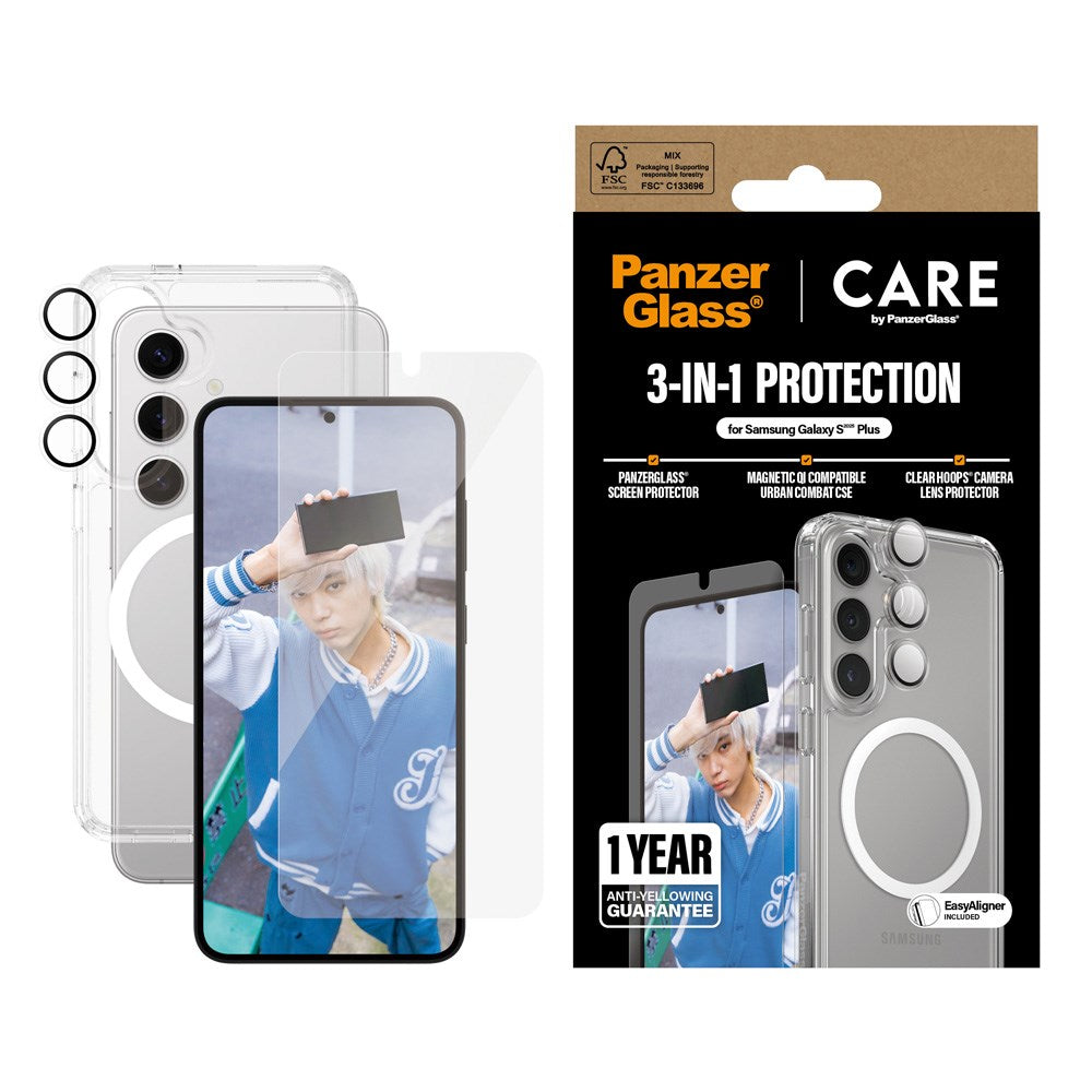 CARE by PanzerGlass Samsung Galaxy S25+ (Plus) 3-i-1 FLAGSHIP Bundle - Skal / Skärmskydd (UWF) / Kameraskydd - Genomskinlig