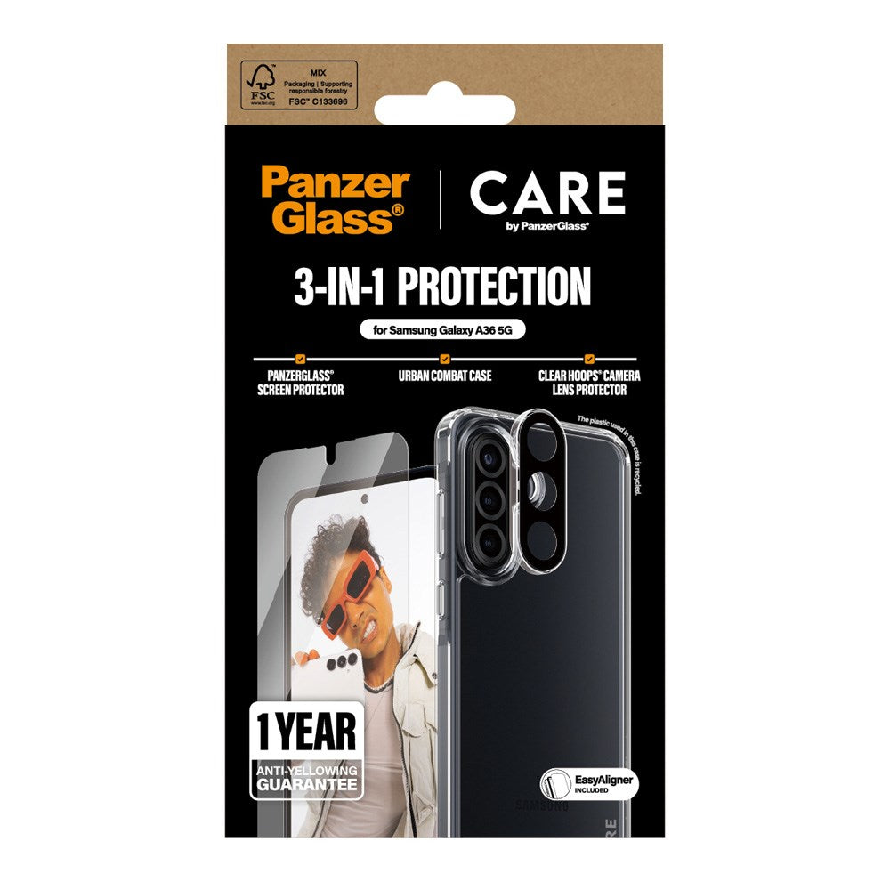 CARE by PanzerGlass Samsung Galaxy A36 (5G) 3-i-1 FLAGSHIP Bundle - Skal / Skärmskydd (UWF) / Kameraskydd - Genomskinlig