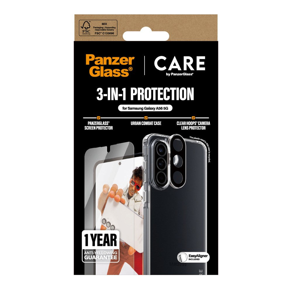 CARE by PanzerGlass Samsung Galaxy A56 (5G) 3-i-1 FLAGSHIP Bundle - Skal / Skärmskydd (UWF) / Kameraskydd - Genomskinlig
