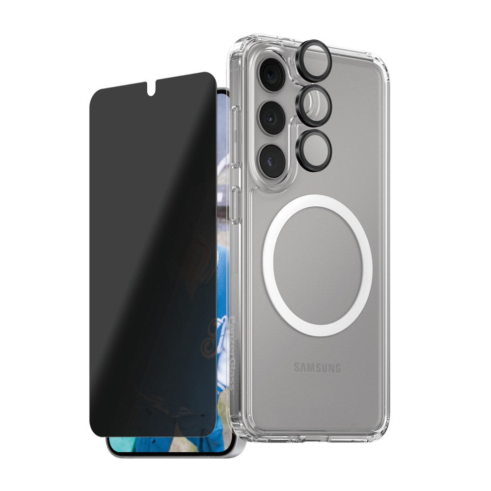 CARE by PanzerGlass Samsung Galaxy S25+ (Plus) 3-i-1 FLAGSHIP Bundle - Skal / Privacy Skärmskydd (UWF) / Kameraskydd - Genomskinlig / Svart