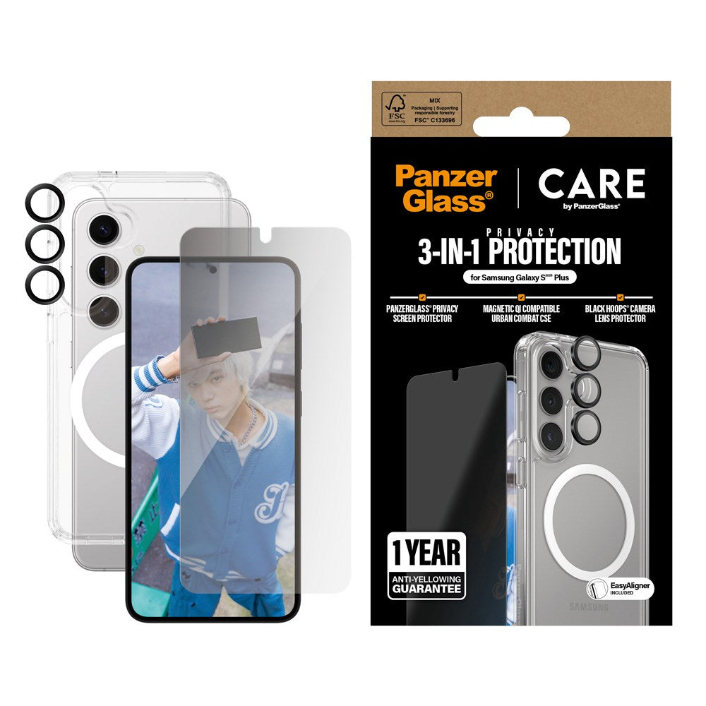 CARE by PanzerGlass Samsung Galaxy S25+ (Plus) 3-i-1 FLAGSHIP Bundle - Skal / Privacy Skärmskydd (UWF) / Kameraskydd - Genomskinlig / Svart